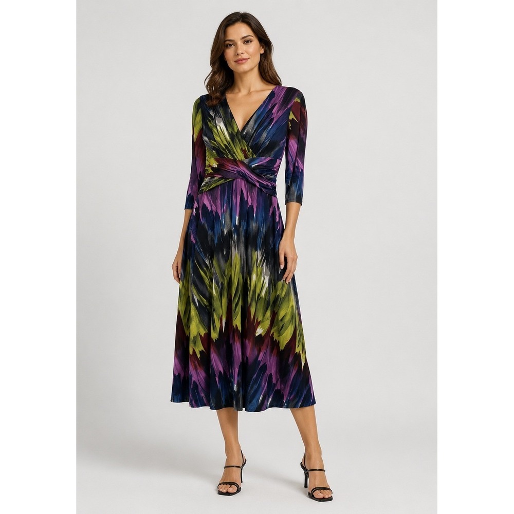 Vintage Clues Collections Dress Women 12 Multi Color Abstract Print Ruched Waist